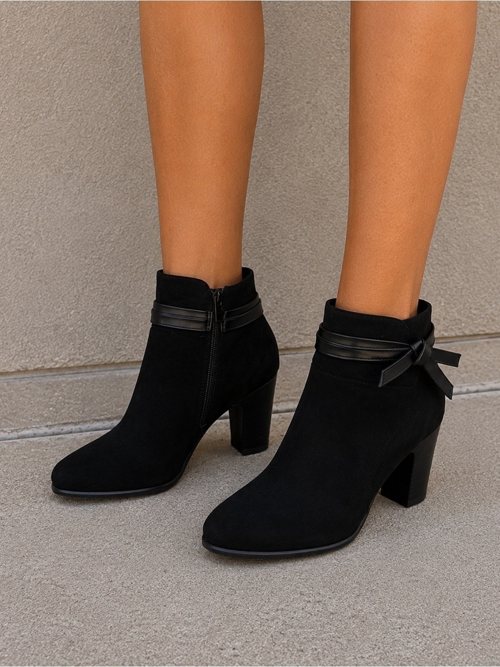 Black Faux Suede Ankle Booties Block Heel Side Zip Bow Detail Women's Size 9.5